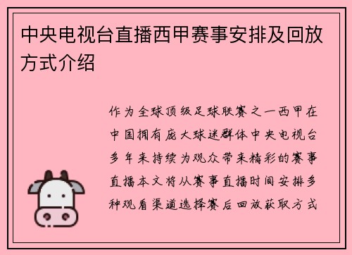 中央电视台直播西甲赛事安排及回放方式介绍